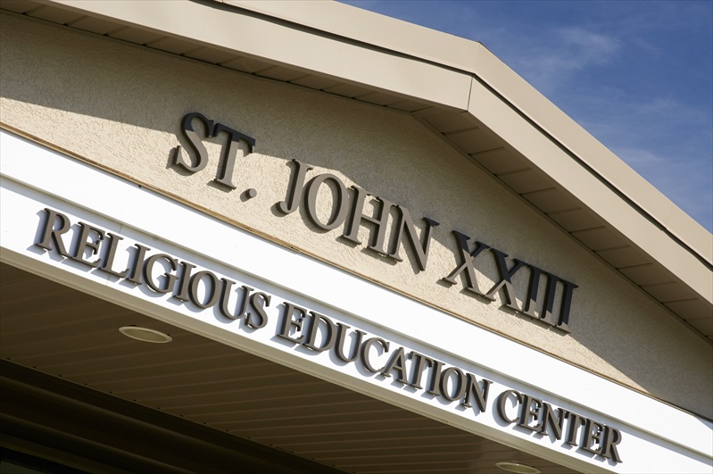 St. John XXIII Religious Education Center | Phase 1 | New Parish Hall main sign over entranceway built with the help from our Religious Design-Build Team.