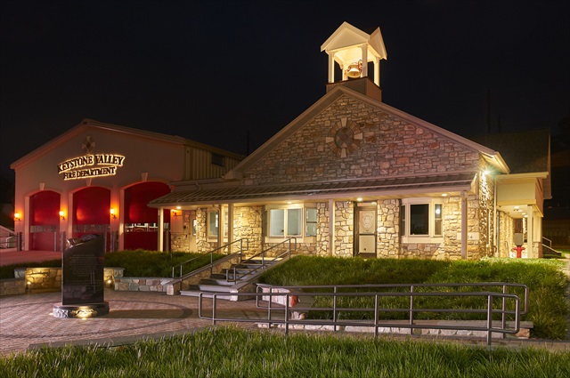 Keystone Valley Fire Station Exterior View at Night built with the help of our Emergency Services Design-Build Team